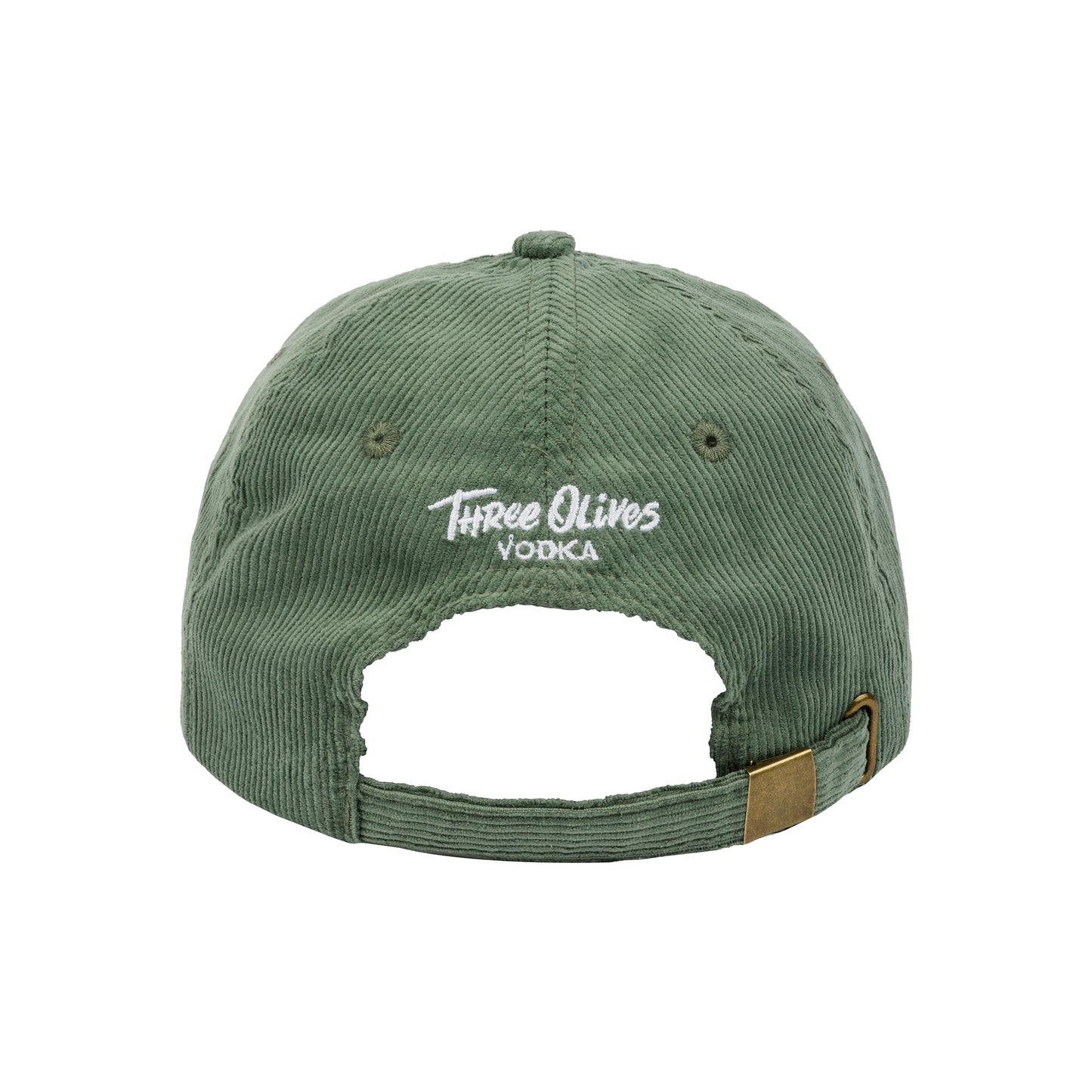 Green cap with 'Three Olives Vodka' logo on a white background