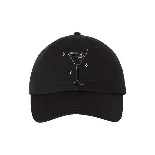 Black cap with a martini glass design on a white background