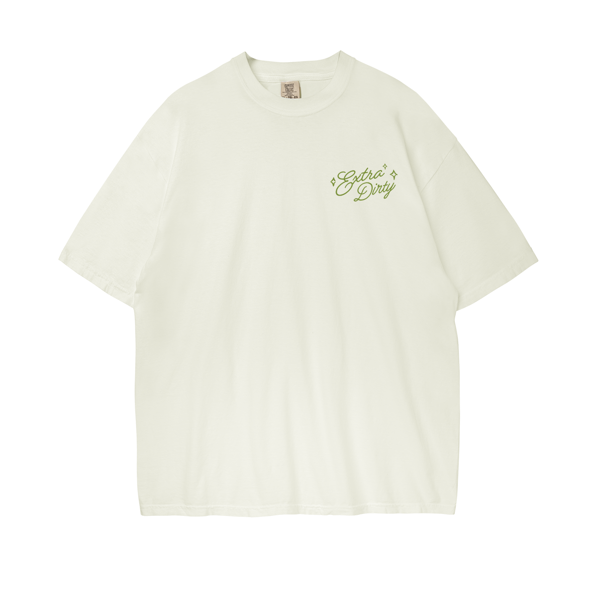 White t-shirt with green text Extra Dirty on a white background